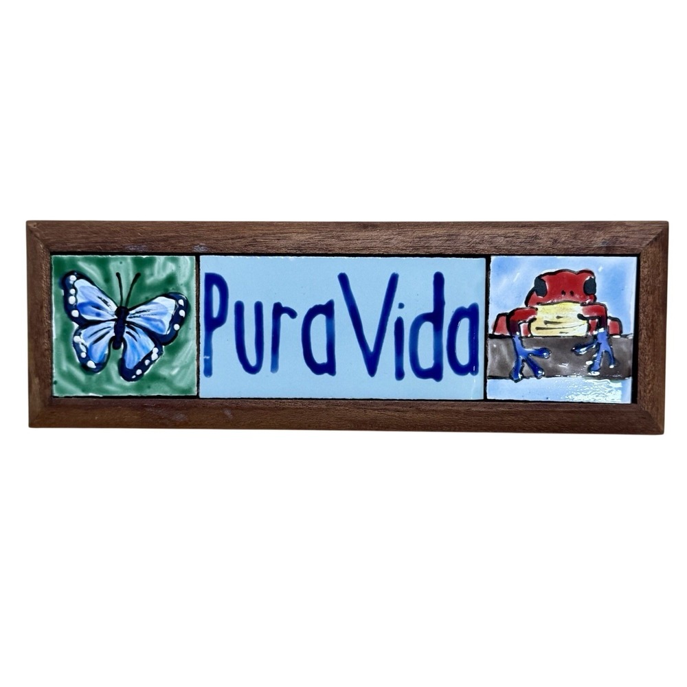 Pura Vida Costa Rica Ceramic Tile Wall Sign Butterfly Frog Wood Frame 9"